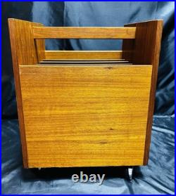 RARE Bruksbo Norway Mid-Century Modern Teak Rolling Magazine/ Book Rack