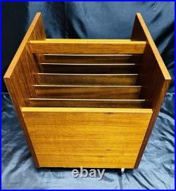 RARE Bruksbo Norway Mid-Century Modern Teak Rolling Magazine/ Book Rack