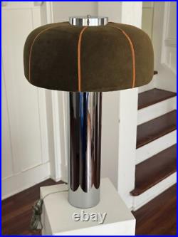 RARE CHIC VINTAGE 70s MUSHROOM TABLE LAMP 27 TALL CHROME BASE & MOHAIR SHAD