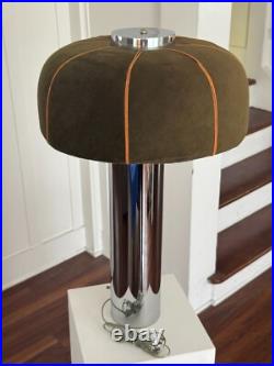 RARE CHIC VINTAGE 70s MUSHROOM TABLE LAMP 27 TALL CHROME BASE & MOHAIR SHAD