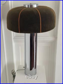 RARE CHIC VINTAGE 70s MUSHROOM TABLE LAMP 27 TALL CHROME BASE & MOHAIR SHAD