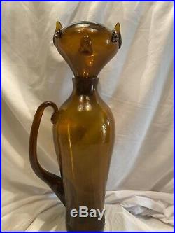 RARE CIRCA 1955 Amber COLOR BLENKO ART GLASS Cat DECANTER'by WAYNE HUSTED