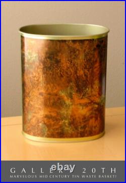 RARE & COOL! FAUX BURLWOOD TIN WASTEBASKET! 50s 60s GOLD VTG MID CENTURY MODERN