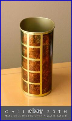 RARE & COOL! FAUX BURLWOOD TIN WASTEBASKET! 50s 60s GOLD VTG MID CENTURY MODERN