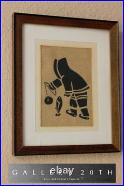 RARE! ESKIMO PAINTING TEXTILE! FISHING! MID CENTURY 50s 60s FABRIC ORIG ART