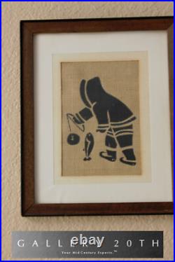 RARE! ESKIMO PAINTING TEXTILE! FISHING! MID CENTURY 50s 60s FABRIC ORIG ART