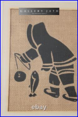 RARE! ESKIMO PAINTING TEXTILE! FISHING! MID CENTURY 50s 60s FABRIC ORIG ART