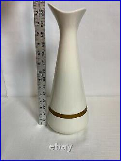 RARE Hull Pottery MCM White Hourglass Ceramic Vase Gold Stripe Hull 15 Tall