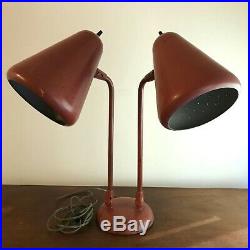 RARE KURT VERSEN Table Lamp 1950s Double Pivot Cones Red Mid-Century Modern
