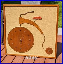 RARE LARGE Mid Century Wall Art Bike Bicycle Clock MCM Teak Tweed Wood Brass VTG