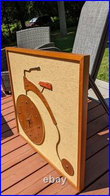 RARE LARGE Mid Century Wall Art Bike Bicycle Clock MCM Teak Tweed Wood Brass VTG