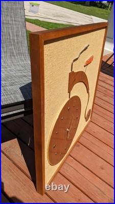 RARE LARGE Mid Century Wall Art Bike Bicycle Clock MCM Teak Tweed Wood Brass VTG