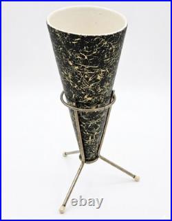 RARE MCM Atomic Cone Vase & Solid Brass Tripod Stand Black & Gold Splatter