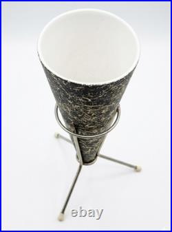 RARE MCM Atomic Cone Vase & Solid Brass Tripod Stand Black & Gold Splatter