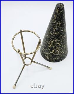 RARE MCM Atomic Cone Vase & Solid Brass Tripod Stand Black & Gold Splatter