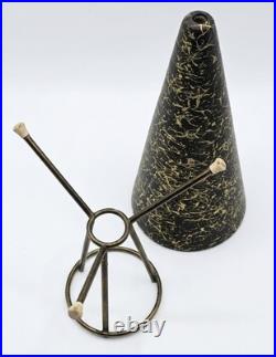 RARE MCM Atomic Cone Vase & Solid Brass Tripod Stand Black & Gold Splatter