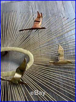 RARE MCM Brass & Copper Sunburst Wall Sculpture C Jere Style Birds In Flight