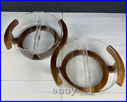 RARE MCM DIVIDED SERVING BOWL GLASS & TEAKWOOD Holder Mid Century Modern 70s VTG RARE MCM DIVIDED SERVING BOWL GLASS & TEAKWOOD Holder Mid Century Modern 70s VTG