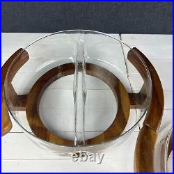 RARE MCM DIVIDED SERVING BOWL GLASS & TEAKWOOD Holder Mid Century Modern 70s VTG RARE MCM DIVIDED SERVING BOWL GLASS & TEAKWOOD Holder Mid Century Modern 70s VTG