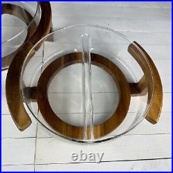 RARE MCM DIVIDED SERVING BOWL GLASS & TEAKWOOD Holder Mid Century Modern 70s VTG RARE MCM DIVIDED SERVING BOWL GLASS & TEAKWOOD Holder Mid Century Modern 70s VTG