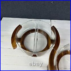 RARE MCM DIVIDED SERVING BOWL GLASS & TEAKWOOD Holder Mid Century Modern 70s VTG RARE MCM DIVIDED SERVING BOWL GLASS & TEAKWOOD Holder Mid Century Modern 70s VTG