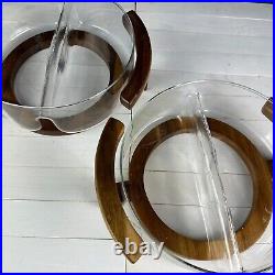 RARE MCM DIVIDED SERVING BOWL GLASS & TEAKWOOD Holder Mid Century Modern 70s VTG RARE MCM DIVIDED SERVING BOWL GLASS & TEAKWOOD Holder Mid Century Modern 70s VTG