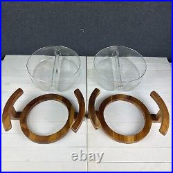 RARE MCM DIVIDED SERVING BOWL GLASS & TEAKWOOD Holder Mid Century Modern 70s VTG RARE MCM DIVIDED SERVING BOWL GLASS & TEAKWOOD Holder Mid Century Modern 70s VTG