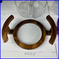 RARE MCM DIVIDED SERVING BOWL GLASS & TEAKWOOD Holder Mid Century Modern 70s VTG RARE MCM DIVIDED SERVING BOWL GLASS & TEAKWOOD Holder Mid Century Modern 70s VTG