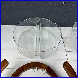 RARE MCM DIVIDED SERVING BOWL GLASS & TEAKWOOD Holder Mid Century Modern 70s VTG RARE MCM DIVIDED SERVING BOWL GLASS & TEAKWOOD Holder Mid Century Modern 70s VTG