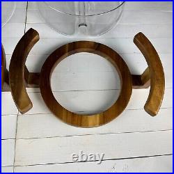 RARE MCM DIVIDED SERVING BOWL GLASS & TEAKWOOD Holder Mid Century Modern 70s VTG RARE MCM DIVIDED SERVING BOWL GLASS & TEAKWOOD Holder Mid Century Modern 70s VTG