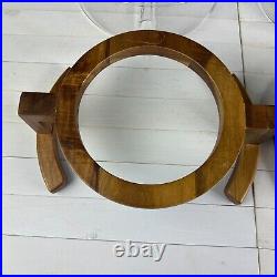 RARE MCM DIVIDED SERVING BOWL GLASS & TEAKWOOD Holder Mid Century Modern 70s VTG RARE MCM DIVIDED SERVING BOWL GLASS & TEAKWOOD Holder Mid Century Modern 70s VTG