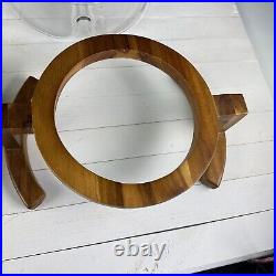 RARE MCM DIVIDED SERVING BOWL GLASS & TEAKWOOD Holder Mid Century Modern 70s VTG RARE MCM DIVIDED SERVING BOWL GLASS & TEAKWOOD Holder Mid Century Modern 70s VTG