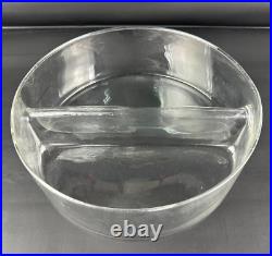 RARE MCM DIVIDED SERVING BOWL GLASS & TEAKWOOD Holder Mid Century Modern 70s VTG RARE MCM DIVIDED SERVING BOWL GLASS & TEAKWOOD Holder Mid Century Modern 70s VTG