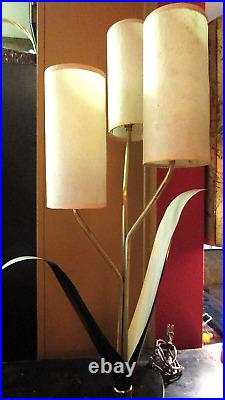 RARE MCM METAL ORCHID TABLE LAMP 3 FLOWERS /SHADES 2 TALL LEAVES One ROTATES