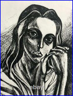 RARE MEXICAN mid-century modern MOSHE GAT Pensive Girl 1958 ETCHING