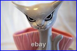 RARE MID CENTURY GREY SASSY CAT WithPINK VASE TV LAMP 1956 MIRAMAR OF CALIFORNIA