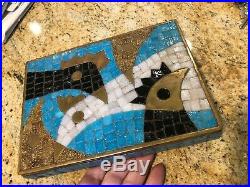 RARE MODERNIST MEXICAN SALVADOR TERAN MOSAIC GLASS TILE BRASS BOX With CHICKENS
