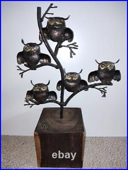RARE Mid Century Metal Owl (s) on Tree Wood Base Sculpture MCM Signed RARE Mid Century Metal Owl (s) on Tree Wood Base Sculpture MCM Signed