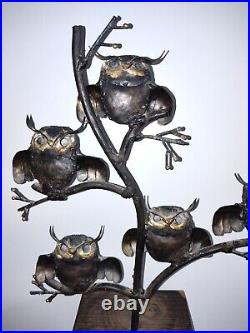 RARE Mid Century Metal Owl (s) on Tree Wood Base Sculpture MCM Signed RARE Mid Century Metal Owl (s) on Tree Wood Base Sculpture MCM Signed