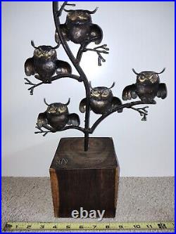 RARE Mid Century Metal Owl (s) on Tree Wood Base Sculpture MCM Signed RARE Mid Century Metal Owl (s) on Tree Wood Base Sculpture MCM Signed