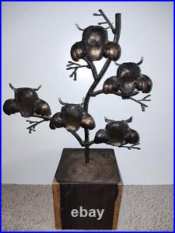 RARE Mid Century Metal Owl (s) on Tree Wood Base Sculpture MCM Signed RARE Mid Century Metal Owl (s) on Tree Wood Base Sculpture MCM Signed