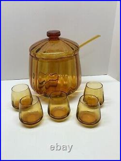 RARE Mid Century Modern Amber Glass lidded punch bowl withladle & 5 glasses