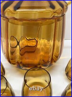 RARE Mid Century Modern Amber Glass lidded punch bowl withladle & 5 glasses