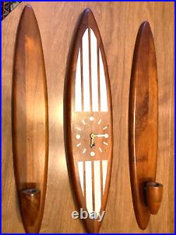 RARE Mid Century Modern Belart Walnut surfboard clock & candle sconces bel-art RARE Mid Century Modern Belart Walnut surfboard clock & candle sconces bel-art