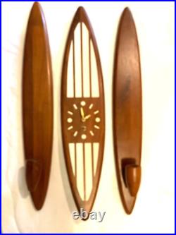 RARE Mid Century Modern Belart Walnut surfboard clock & candle sconces bel-art RARE Mid Century Modern Belart Walnut surfboard clock & candle sconces bel-art