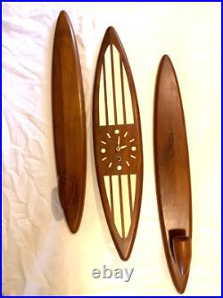 RARE Mid Century Modern Belart Walnut surfboard clock & candle sconces bel-art RARE Mid Century Modern Belart Walnut surfboard clock & candle sconces bel-art