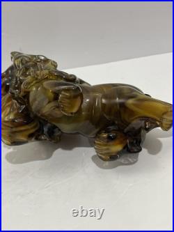 RARE! Mid Century Modern Murano Style Amber Glass Art Lion Figurine 10 L