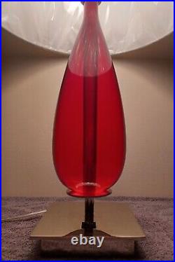 RARE Mid Century Modern Red Lucite Teardrop Solid Glass Lamp withNEW Shade Retro
