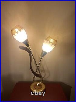 RARE Mid Century Modern Table Lamp/Brass/Walnut two tulip Glass Shades RARE Mid Century Modern Table Lamp/Brass/Walnut two tulip Glass Shades