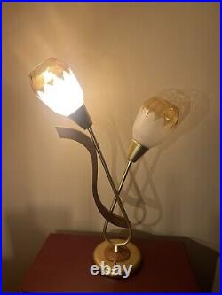 RARE Mid Century Modern Table Lamp/Brass/Walnut two tulip Glass Shades RARE Mid Century Modern Table Lamp/Brass/Walnut two tulip Glass Shades